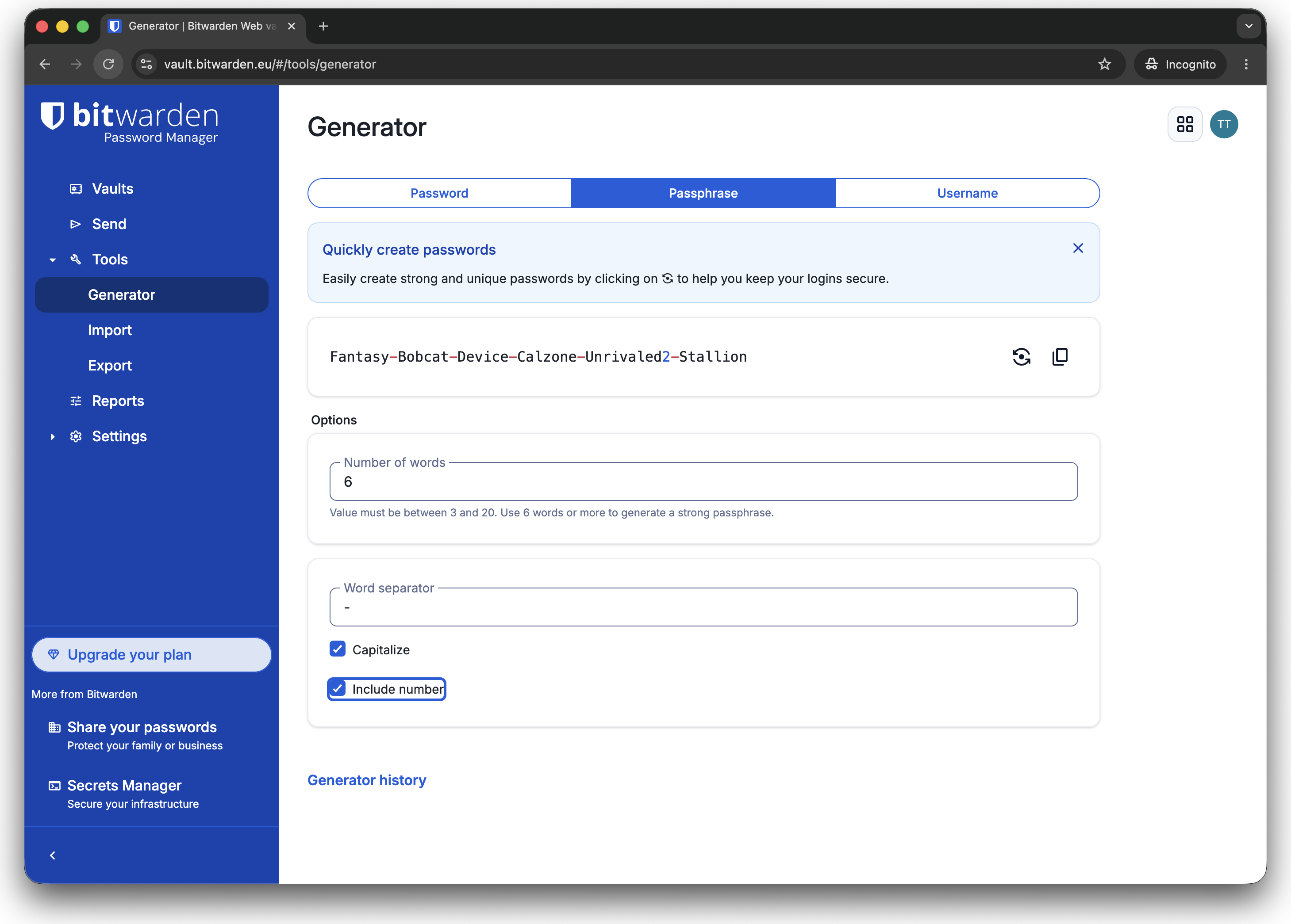 Bitwarden password generator in passphrase mode, with options for word count, separator, and capitalization