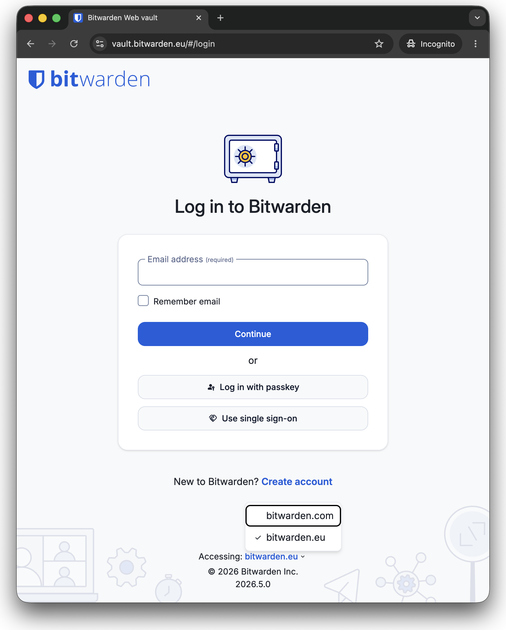 Bitwarden sign-in page with a data region selector: bitwarden.com for the US or bitwarden.eu for the EU